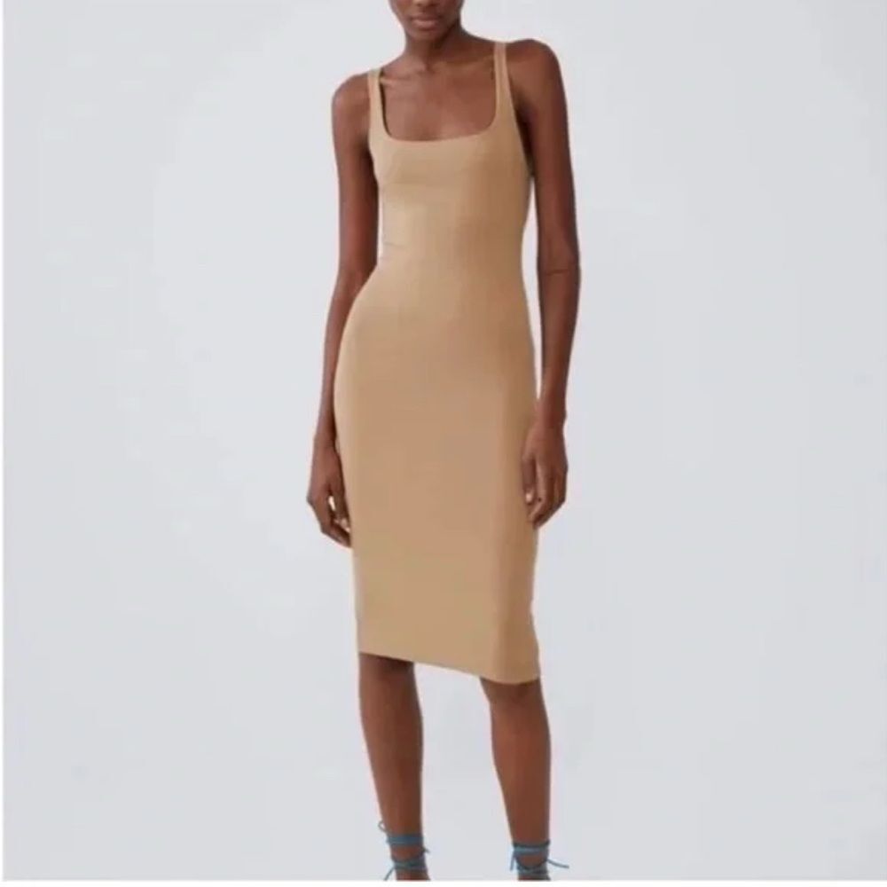 Zara Tan Sleeveless Bodycon Dress back slit in Sz S